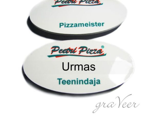 Värvilise logoga ovaalne nimesilt