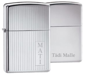 Hõbedane triibuline zippo, nimekohaga