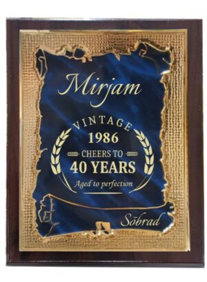 Sinine / kuldne marmormustriga tänuplaat alusel, graveeritud