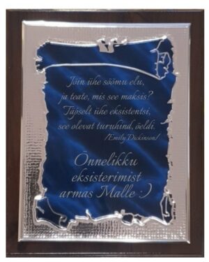 Sinine / hõbedane marmormustriga tänuplaat alusel, graveeritud